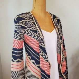 Open Front Navy, Tan & Pink Cardigan - Small